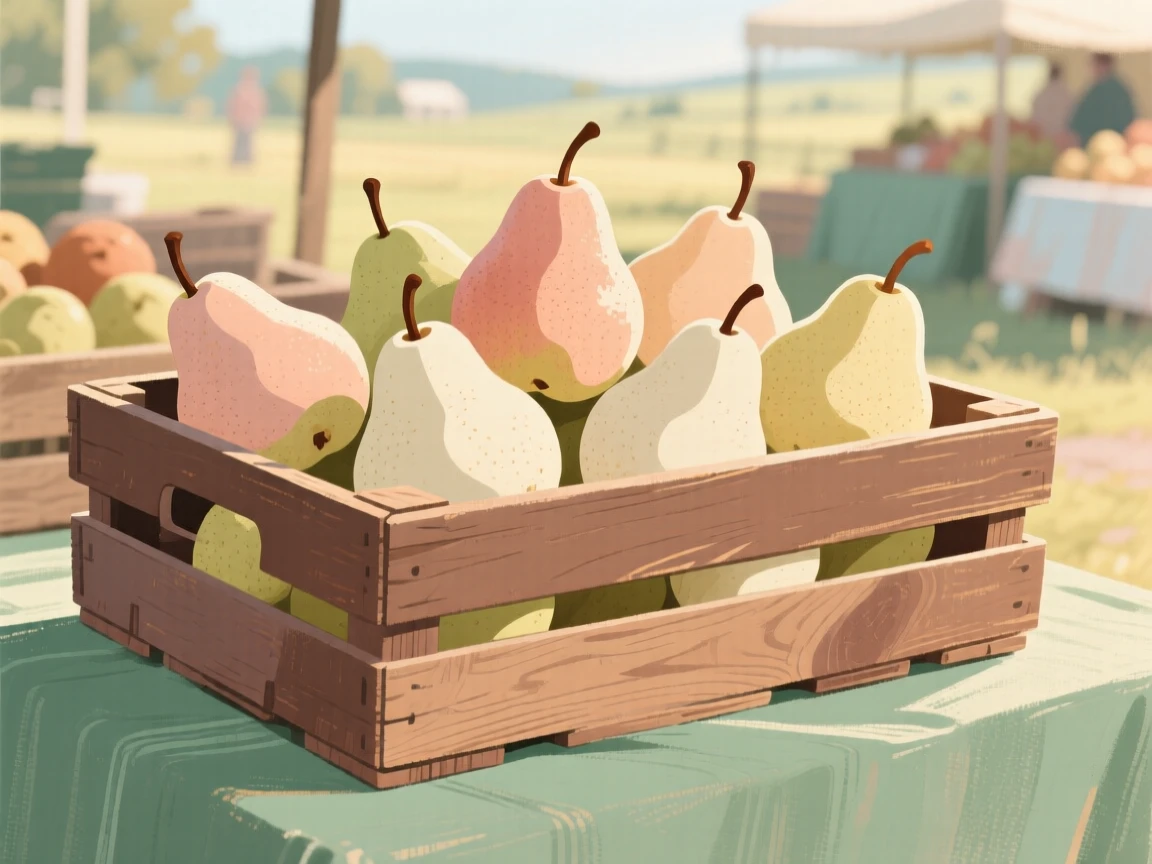 A wooden crate of ripe pears stacked at a countryside market