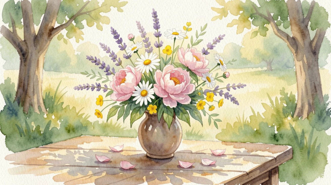 A table centerpiece of mixed seasonal flowers in a quiet countryside garden with a few loose petals scattered nearby.