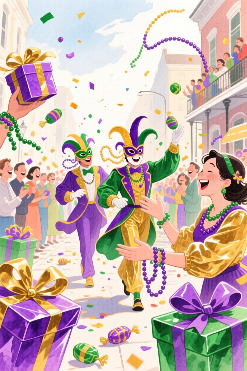 A joyful scene of a Mardi Gras street parade, with gifts and treats wrapped in bright paper, capturing the warmth of the celebration