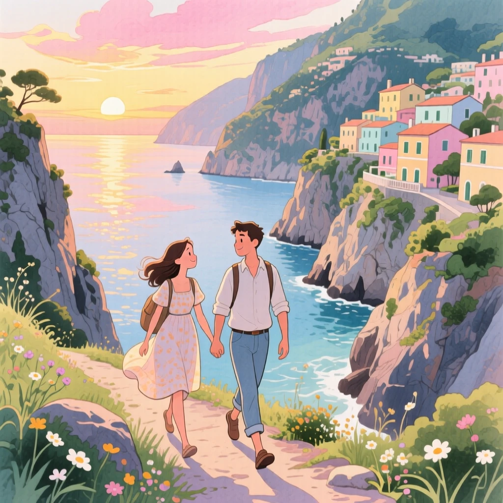 A young couple wanders hand in hand amid the dramatic cliffs of the Amalfi Coast at dusk, evoking wanderlust and adventure.