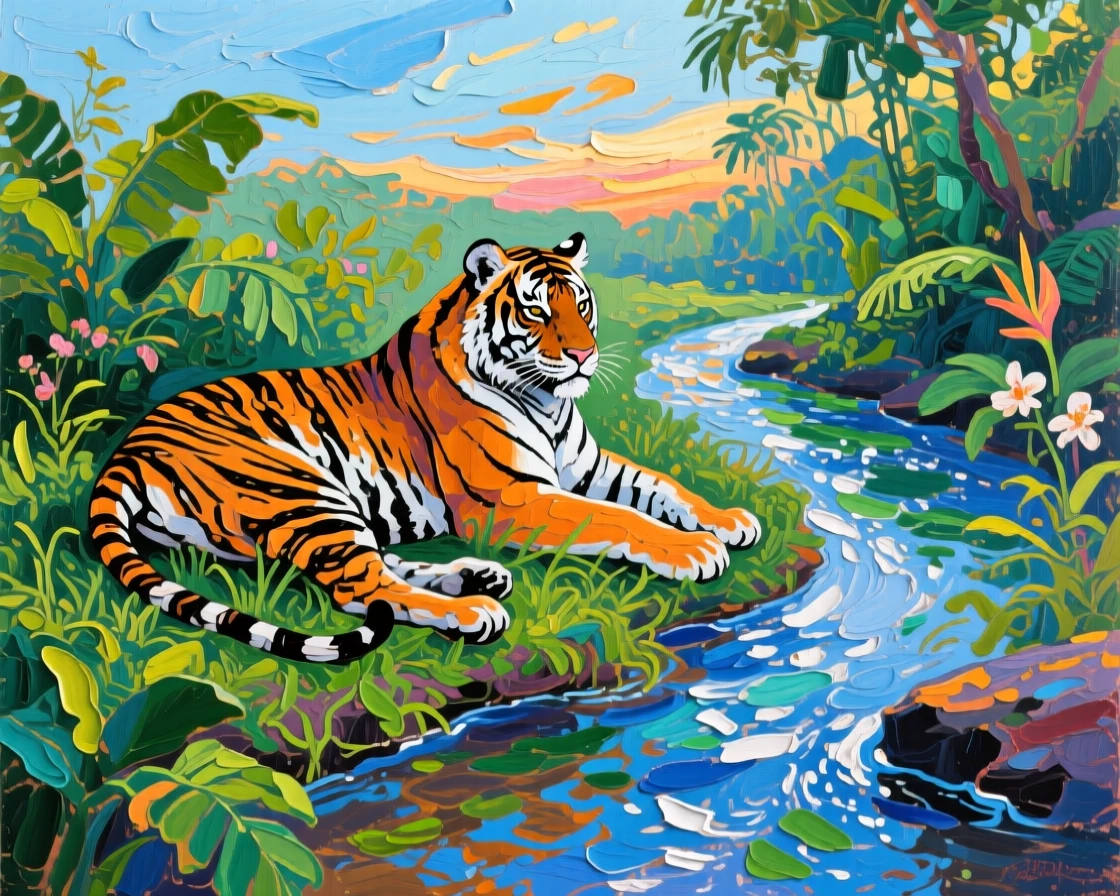 a tiger resting beside a jungle stream, under a vast open sky, composed along a natural leading line.