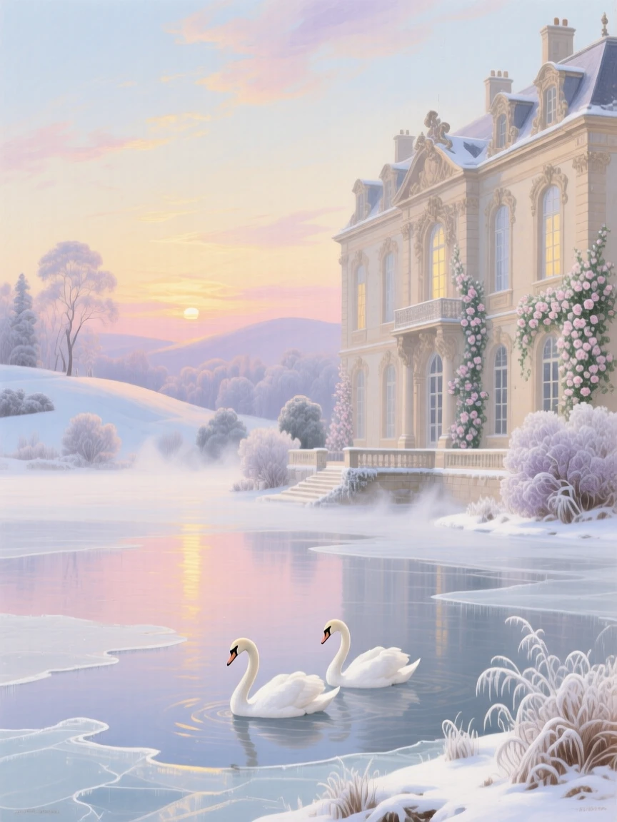 A winter dawn over a frozen lake with swans near a palace shore  