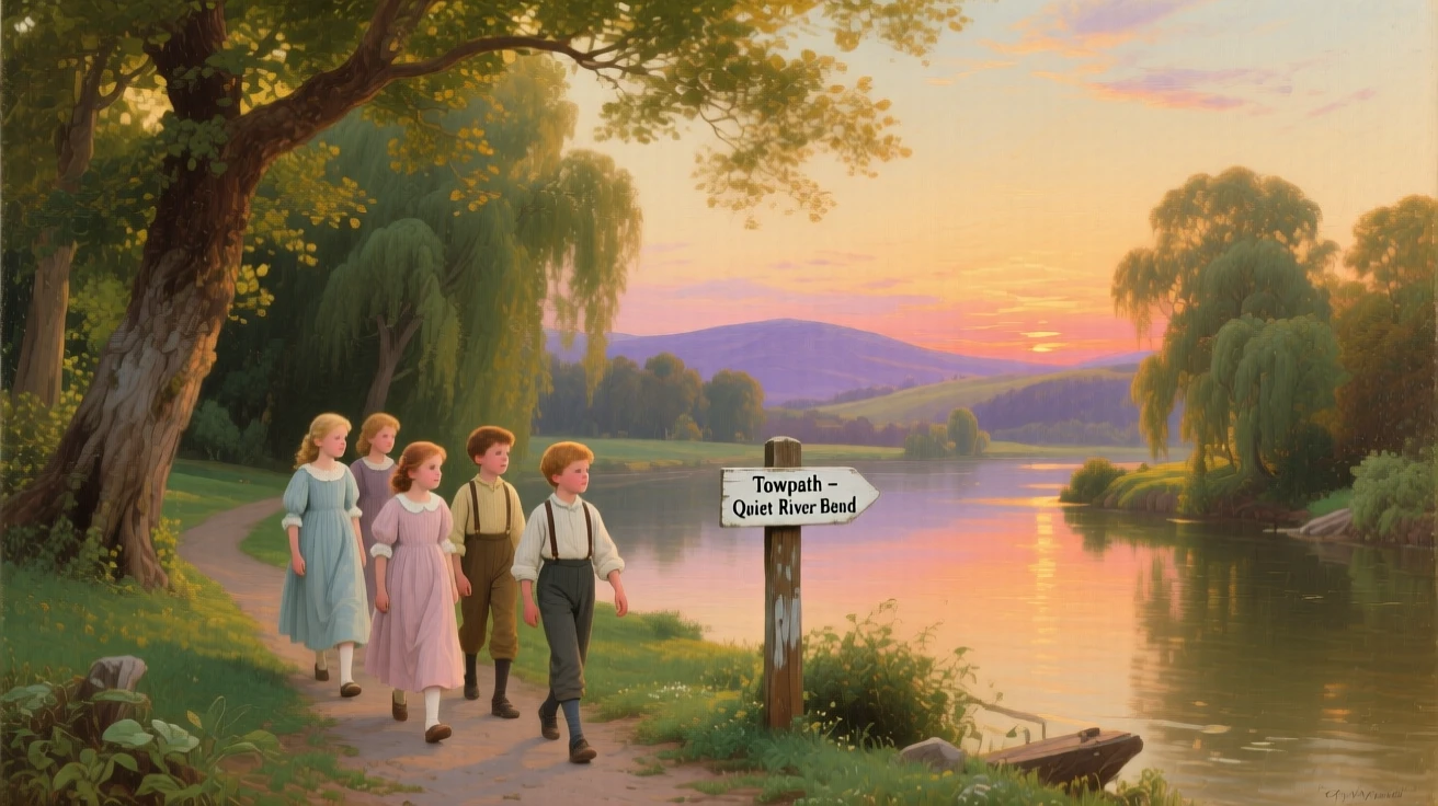A group of children walks along the towpath of a quiet river bend shaded by trees as the sun sets behind distant hills.