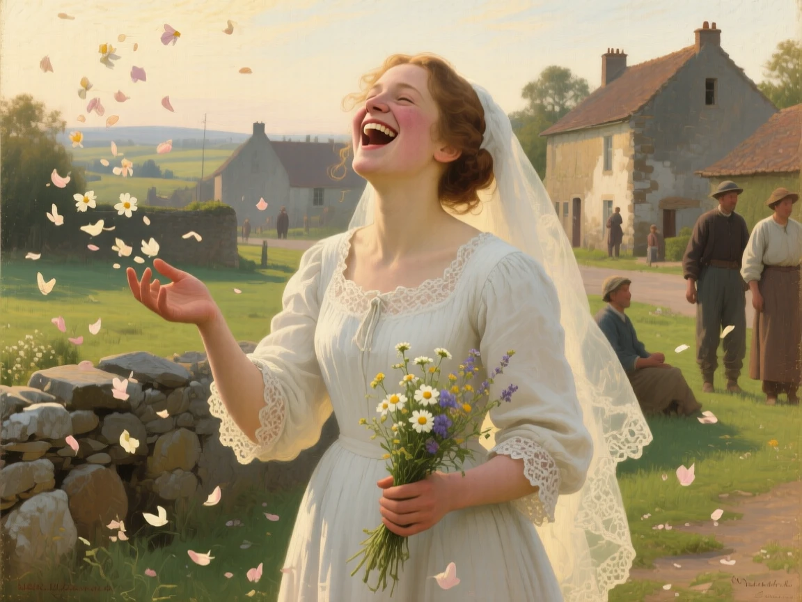 A joyful bride laughing candidly as she is showered with flower petals, captured in warm, natural light that softens the entire scene, celebrating the quiet dignity found in everyday human life