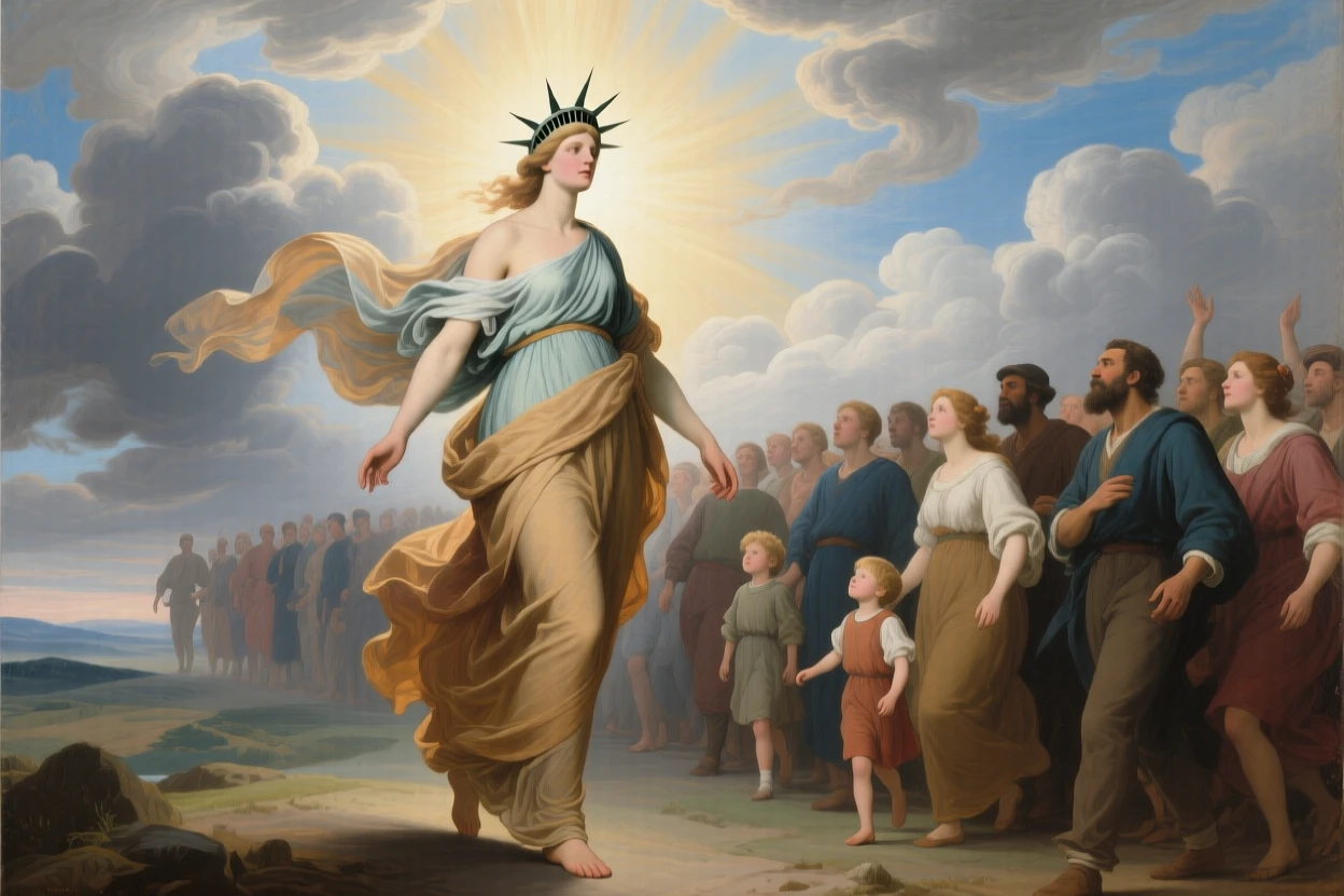 The spirit of Liberty leading a crowd toward the light as light and shadow embody opposing truths, set amid swirling clouds suspended between earth and sky, with drapery caught in a wind that seems to come from another world; radiating light from the central figure draws every eye inward, capturing the eternal struggle between light and shadow.