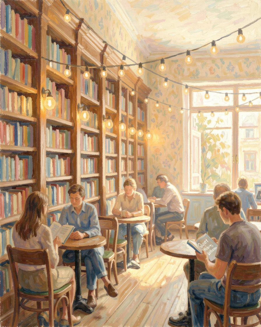 A charming bookshop café where patrons read quietly among towering shelves and hanging string lights.