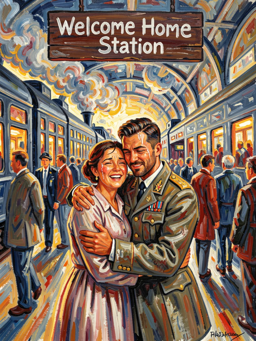 A soldier returning home, embraced tightly by a family member at a train station.