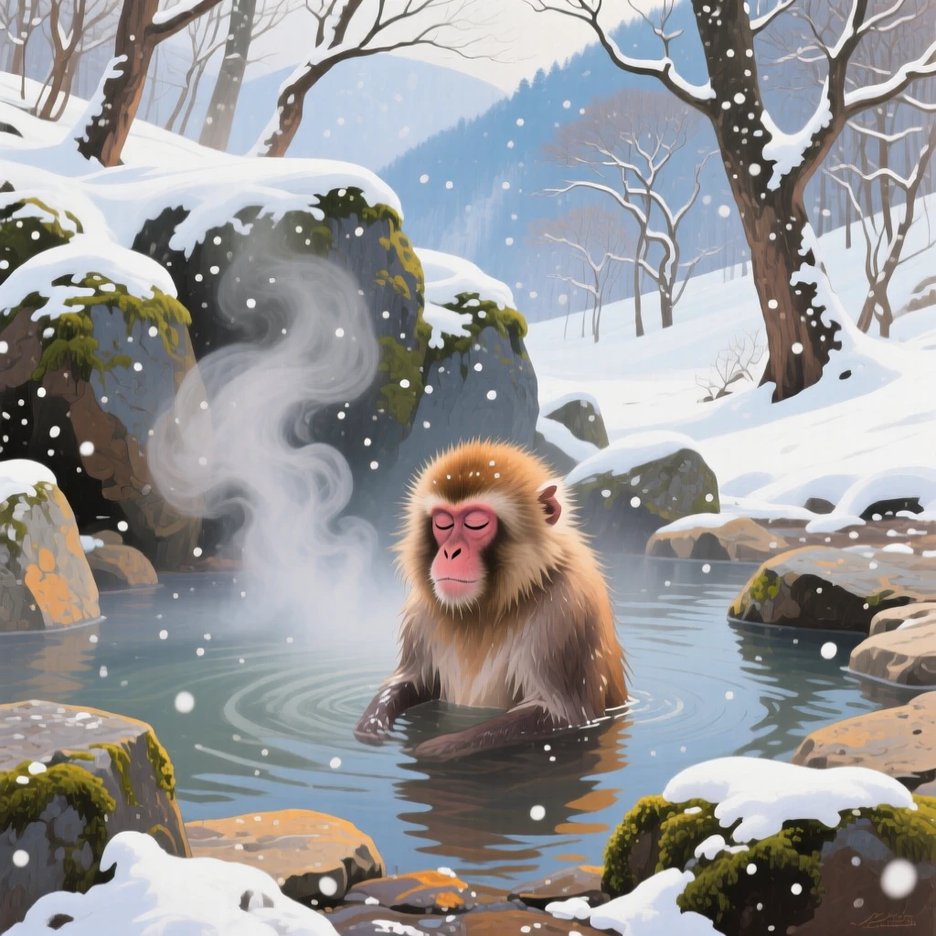 A snow monkey soaks in a steaming hot spring in Japan's Jigokudani valley, snow falling gently around its relaxed expression as steam rises into the cold air, the surrounding habitat rendered in enough detail to suggest a specific time and place.