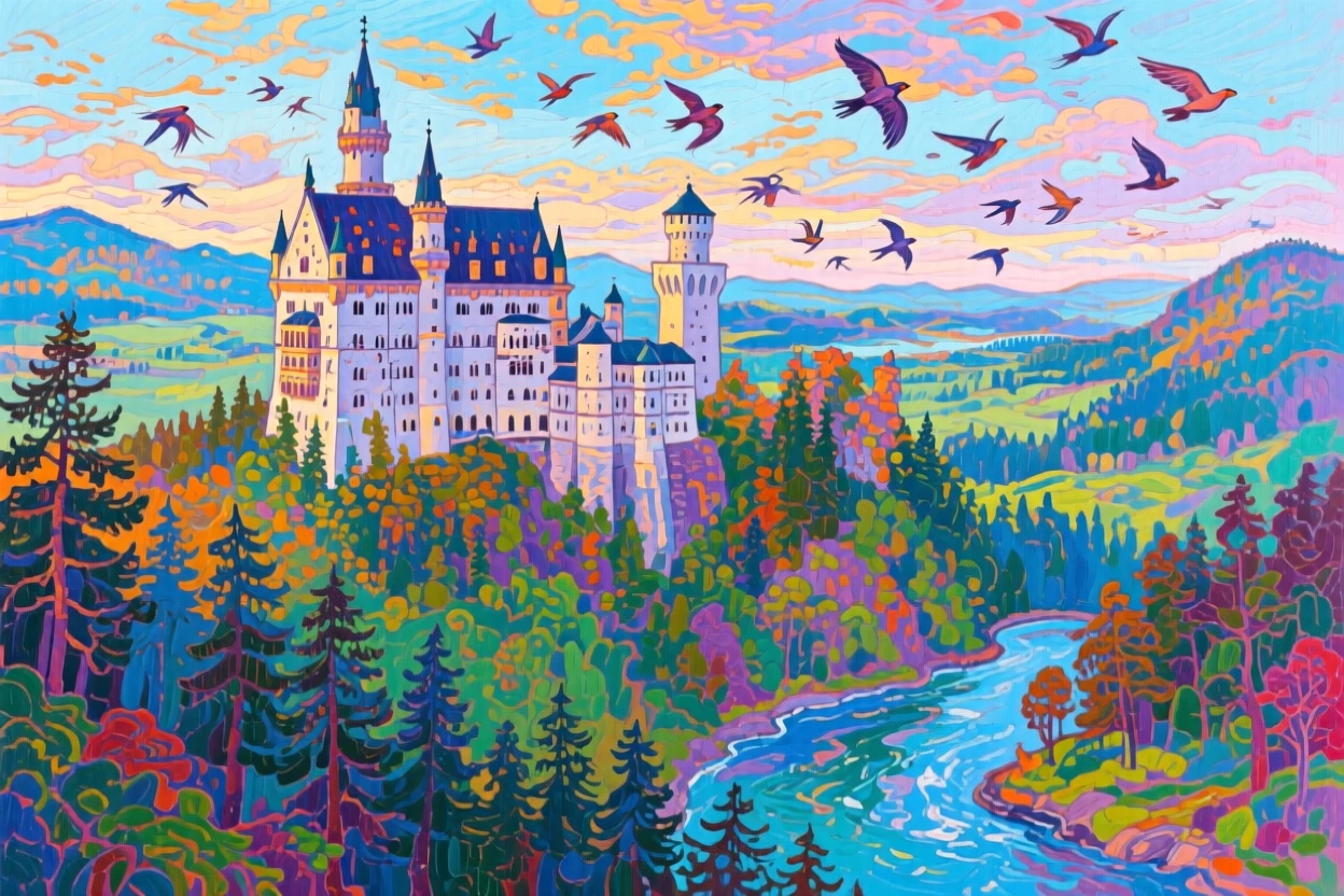 Neuschwanstein Castle perched above a pine forest valley, beneath a sky full of migrating birds, a river winding through the foreground