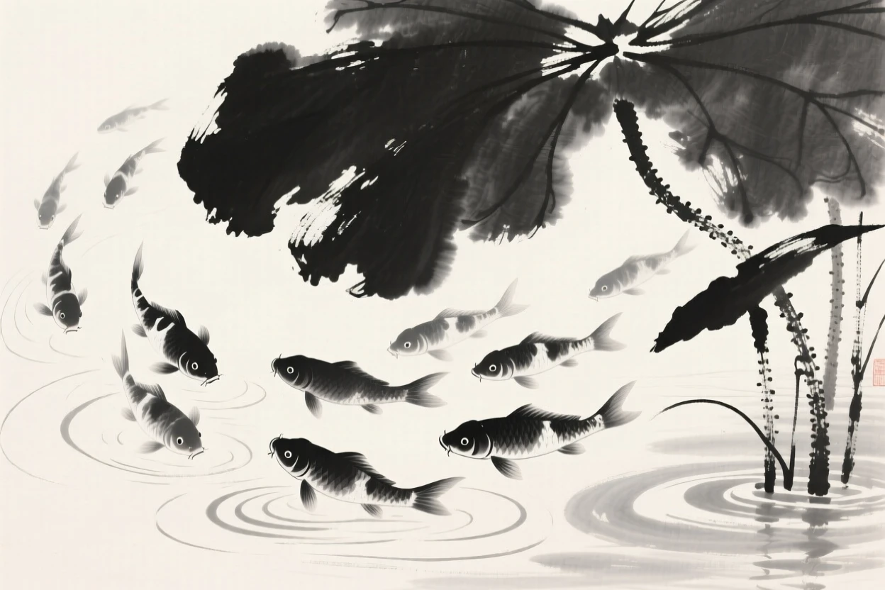 A school of koi swims beneath lotus leaves in a quiet pond, as small ripples catch the afternoon light.