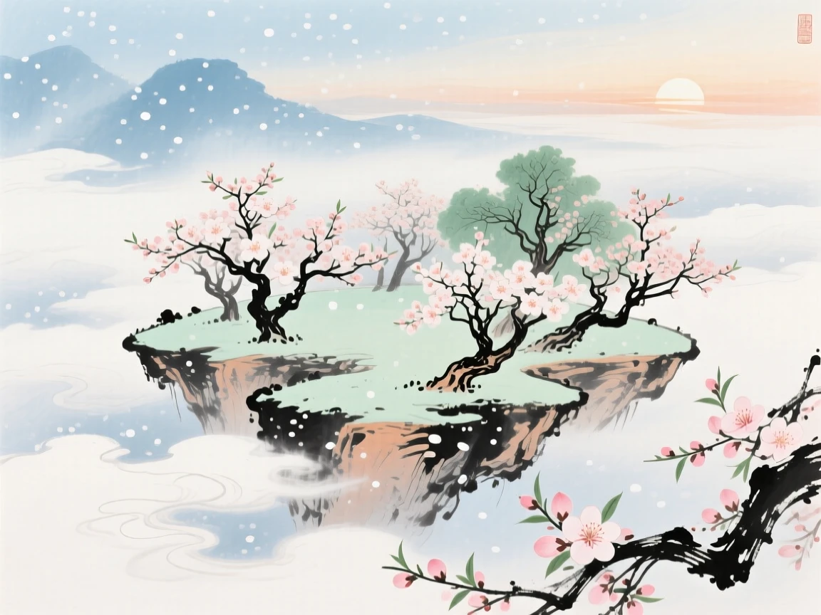 The Queen Mother's peach garden blooming on a floating celestial island, at dawn, beneath softly falling snow.