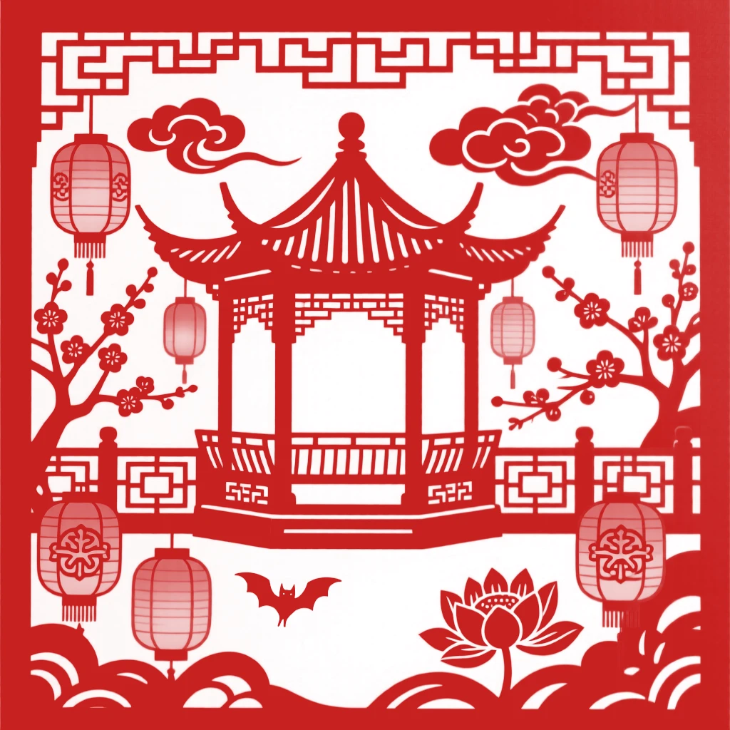A garden pavilion, as lanterns are lit for the coming night, its carved railings catching the last light.