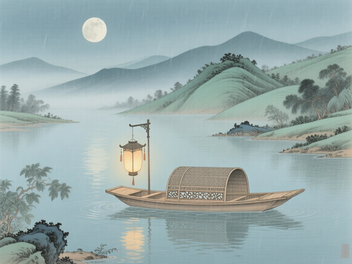 A moonlit lake with a single lantern boat, gentle rain falling over the layered hillsides