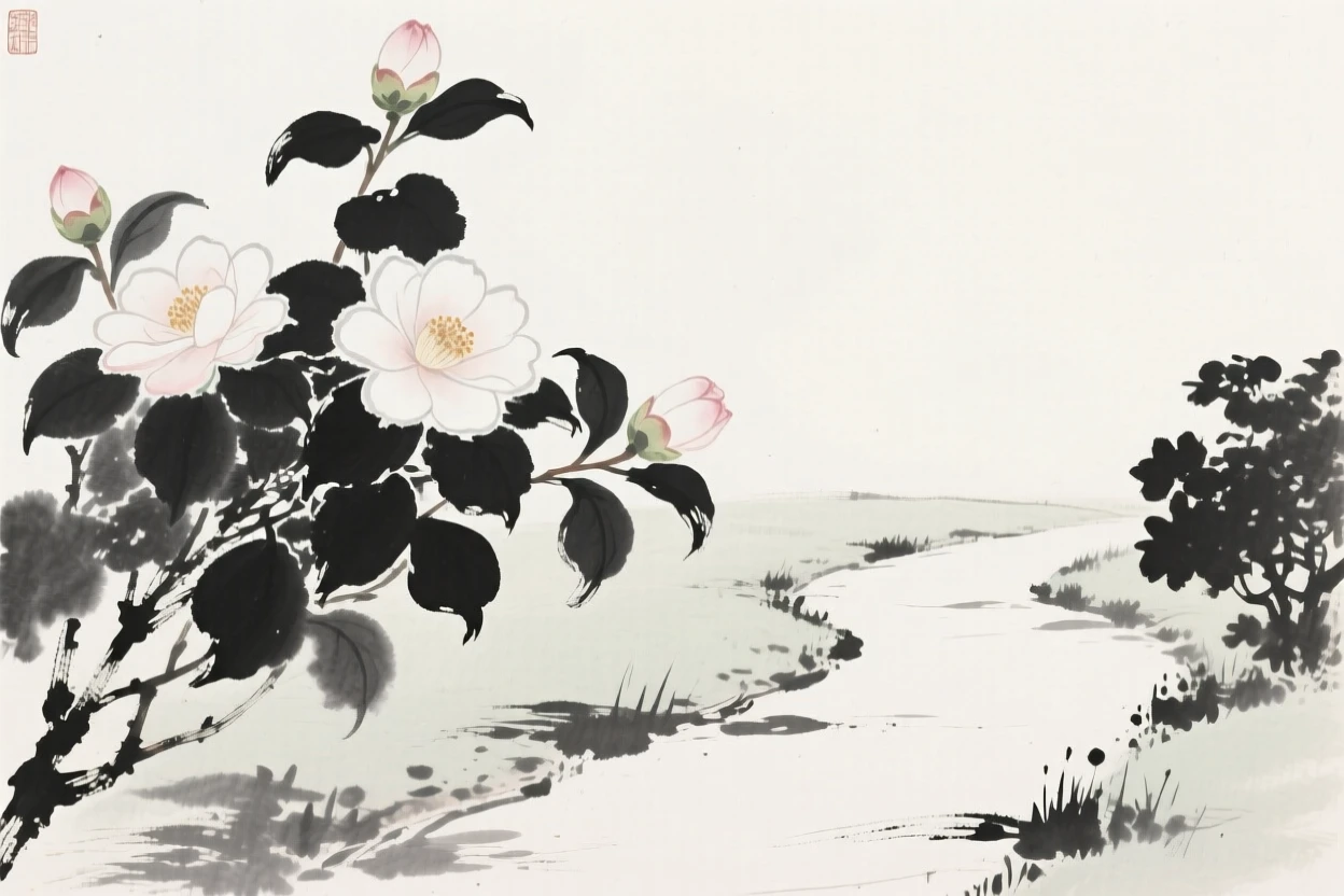 A cluster of camellias beside a quiet garden path, rendered in close, intimate detail, capturing a delicate, transient moment in bloom.