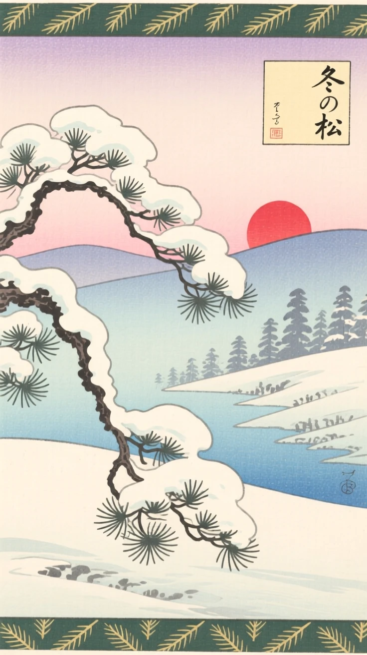 Snow-laden pine branches under a soft pastel sky.