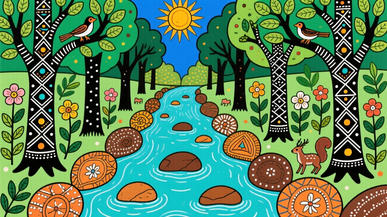 A stream tumbling over smooth stones through a quiet forest.