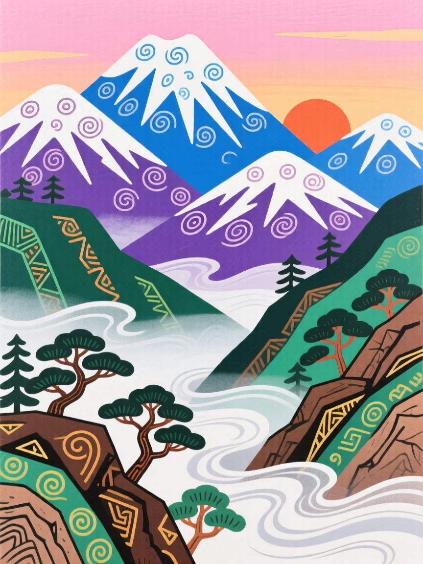 A snow-capped mountain range at dawn, as fog drifts through the valley.