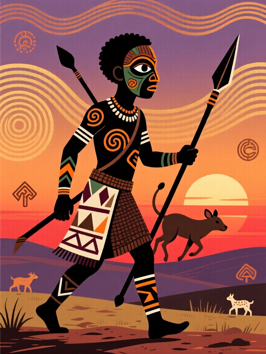 A young hunter returning home at sunset.