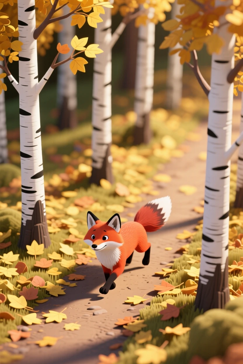 A birch forest in autumn, golden leaves carpeting the ground, sunlight filtering through white trunks, and a fox trotting along a quiet path.