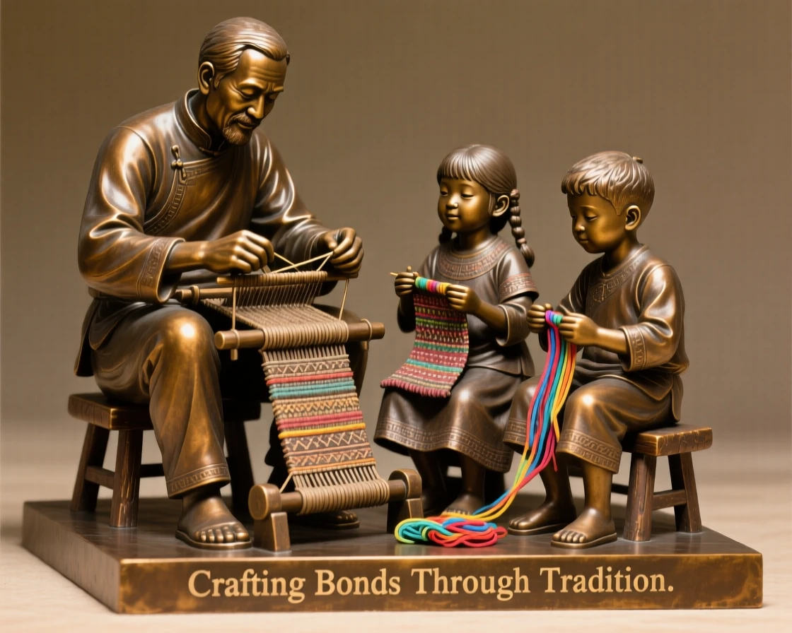 A father teaching his children traditional crafts, capturing a powerful sense of togetherness, celebrating shared human joy