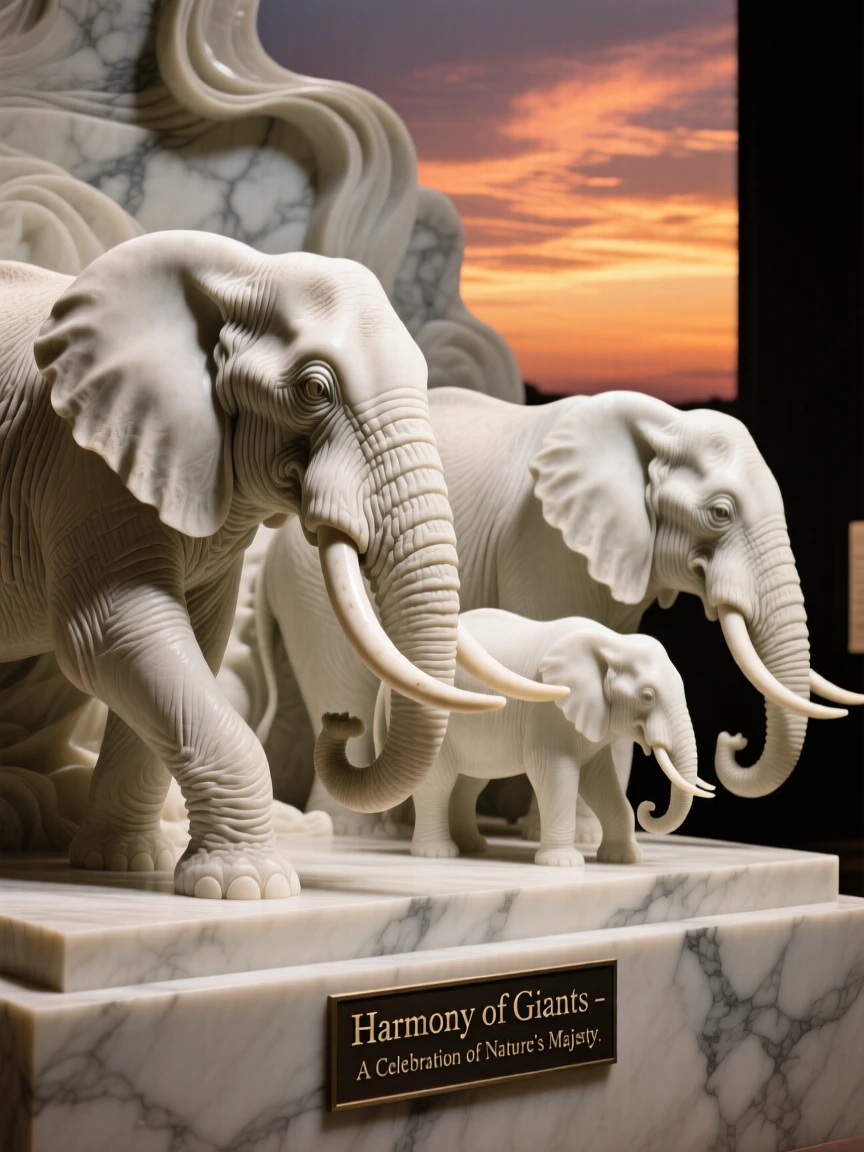 A striking close-up of a herd of elephants, full of life and grace, against a dramatic sunset sky
