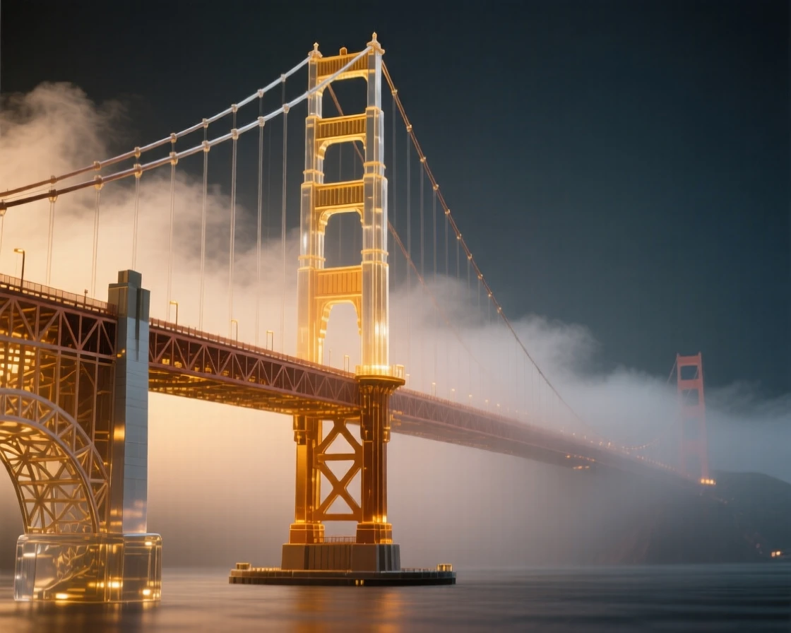 The Golden Gate Bridge shrouded in fog, viewed from a dramatic low angle under a vivid sunset sky, warm golden light highlighting every architectural detail, awe-inspiring and grand.