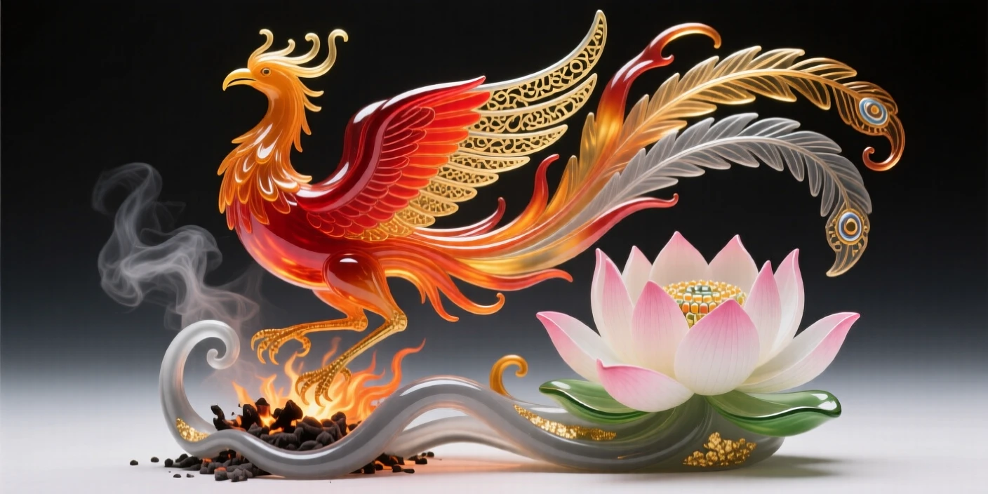A phoenix rising from ashes above a blooming lotus, symbolic of rebirth, transformative and serene.