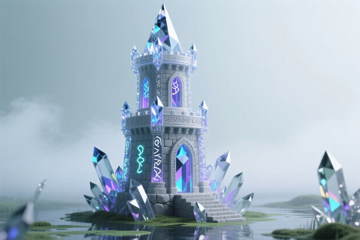 An ancient wizard's tower rising from a misty swamp, glowing runes carved into its stone walls.