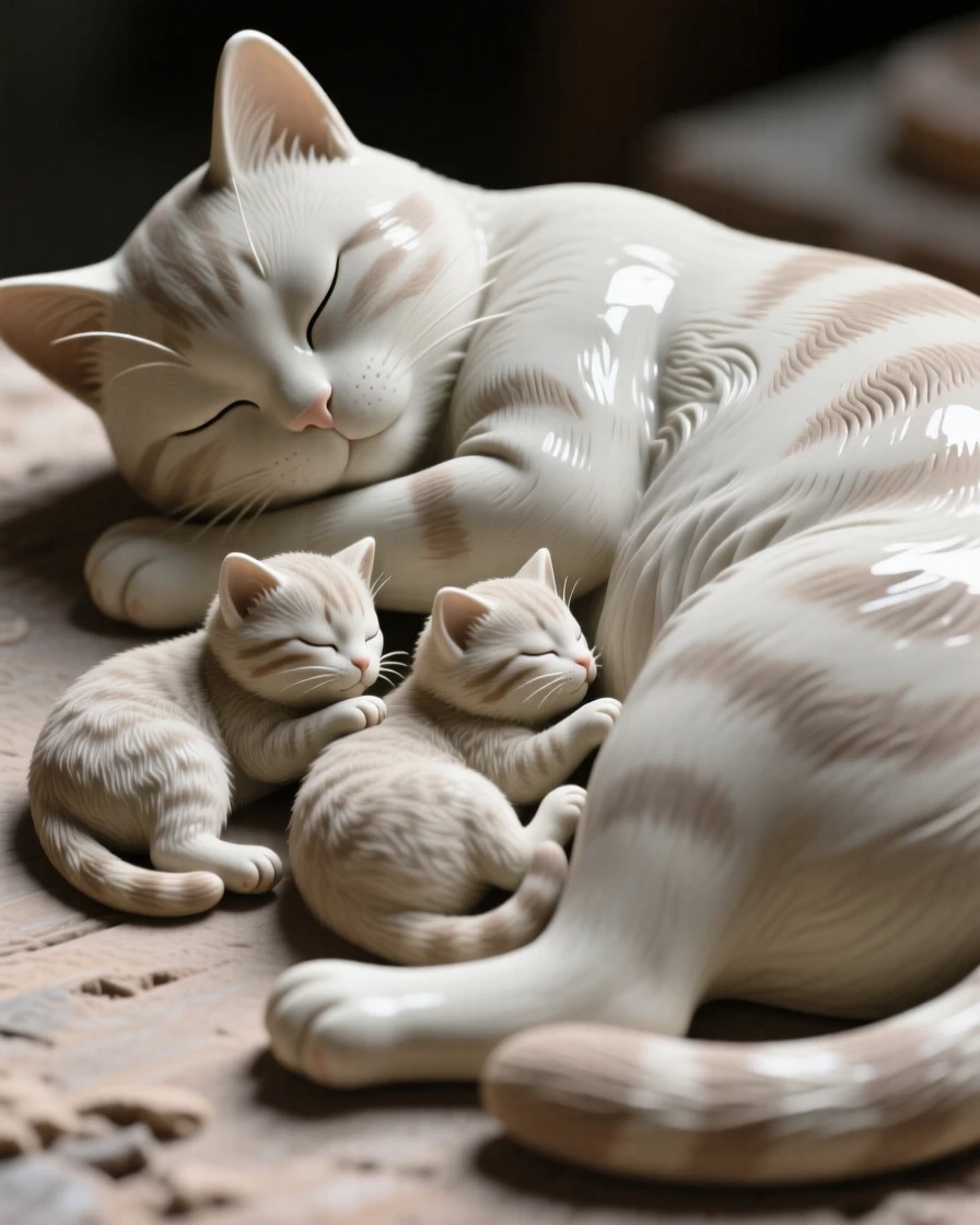A mother cat nursing kittens resting with paws tucked beneath its body, its ears tilted forward in attention, filling the scene with playful, heartwarming charm.