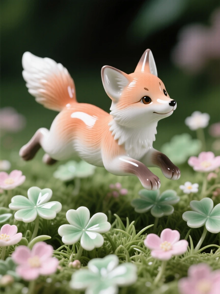 A tiny fox kit hopping through a bed of clover, utterly charming and full of innocent wonder.