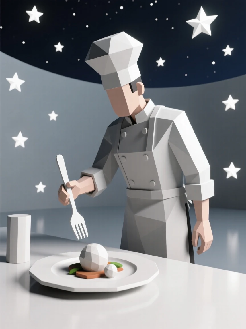A chef plating a dish with focused precision, beneath a sky full of stars. natural light enhances the authenticity of the scene. The atmosphere feels calm and reflective.