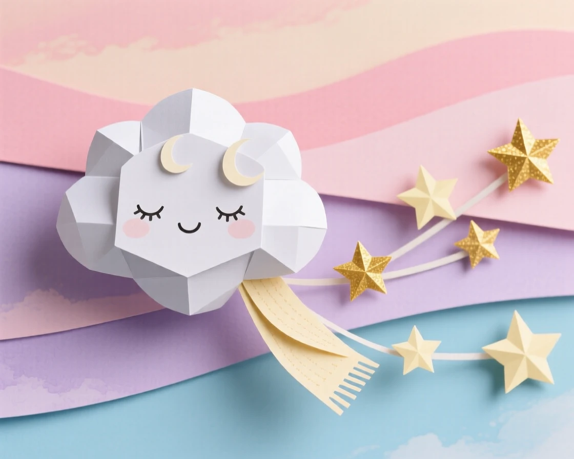 A small round cloud creature with a sleepy smiling face drifting lazily across a pastel sky, tiny stars trailing behind it like a scarf, evoking gentle dreaminess.