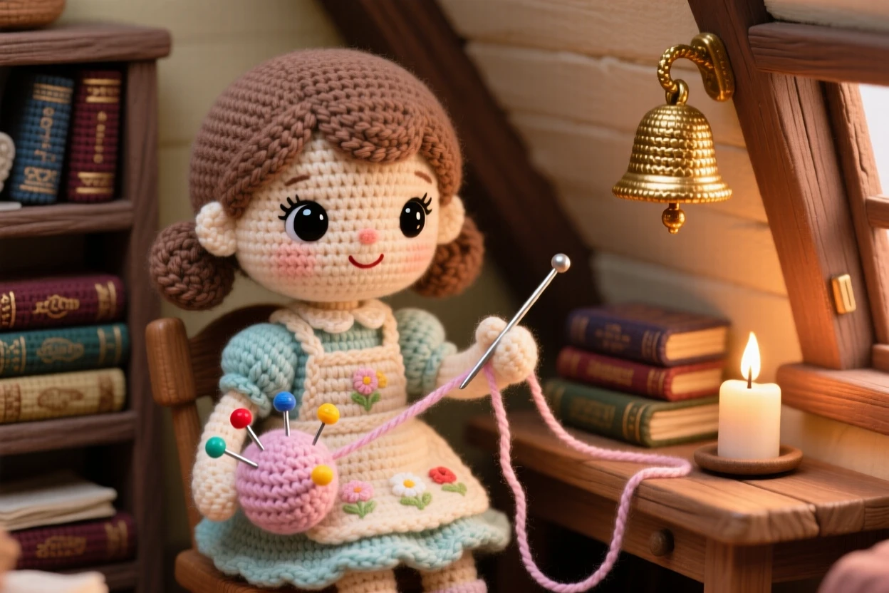 a young seamstress girl, with a pincushion strapped to her wrist, threading a needle by candlelight, in a snug attic study filled with old books, with a small brass bell hanging by the door nearby, conveying comforting familiarity and small-town charm.