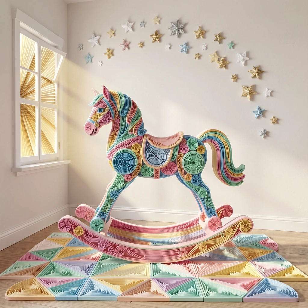 a rocking horse in a sunlit nursery corner, in a candy-colored dreamland, arranged with bright cheerful symmetry, with a sprinkle of twinkling stars overhead.