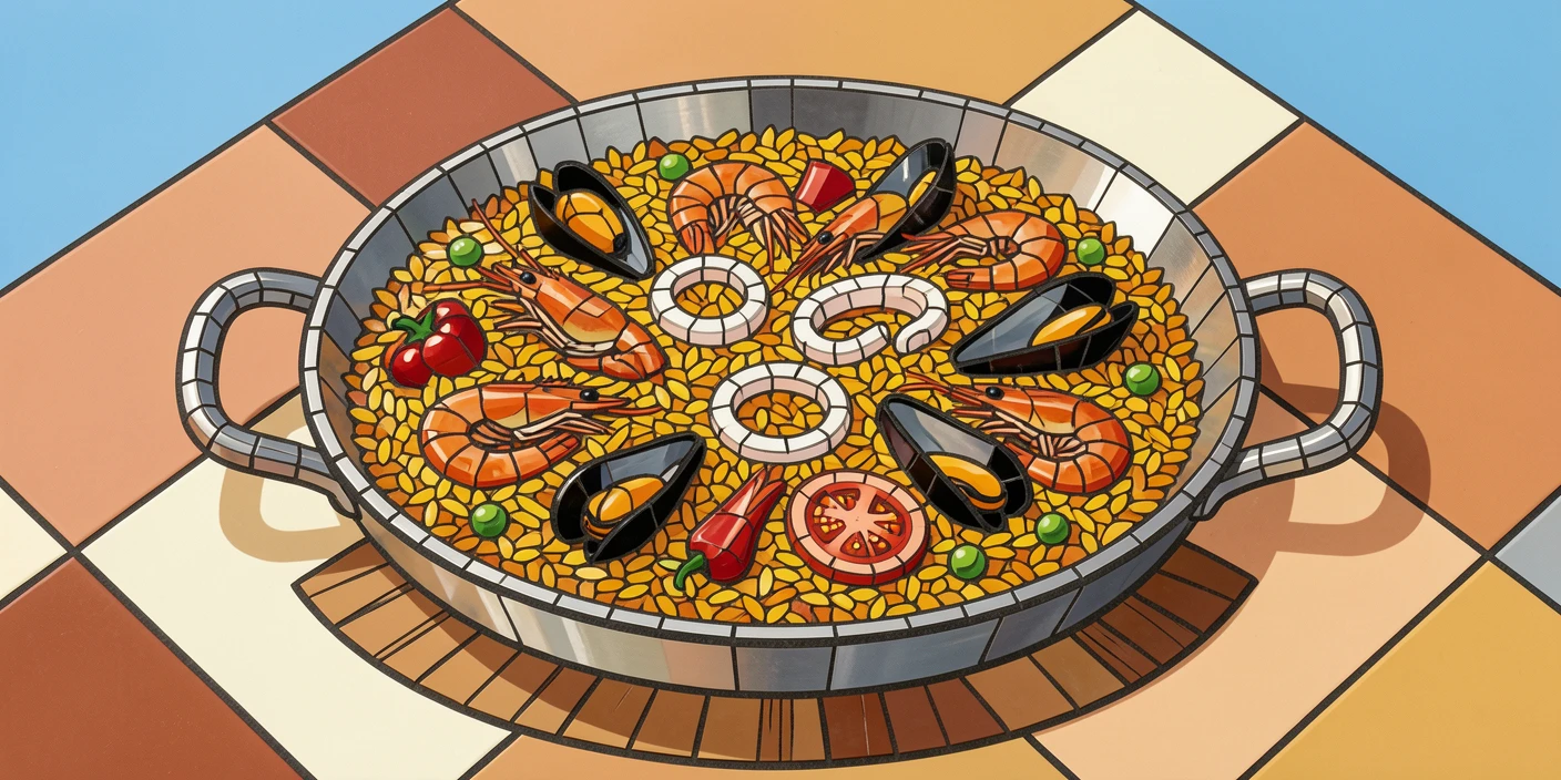 A sizzling paella pan filled with saffron rice, seafood, and vegetables.