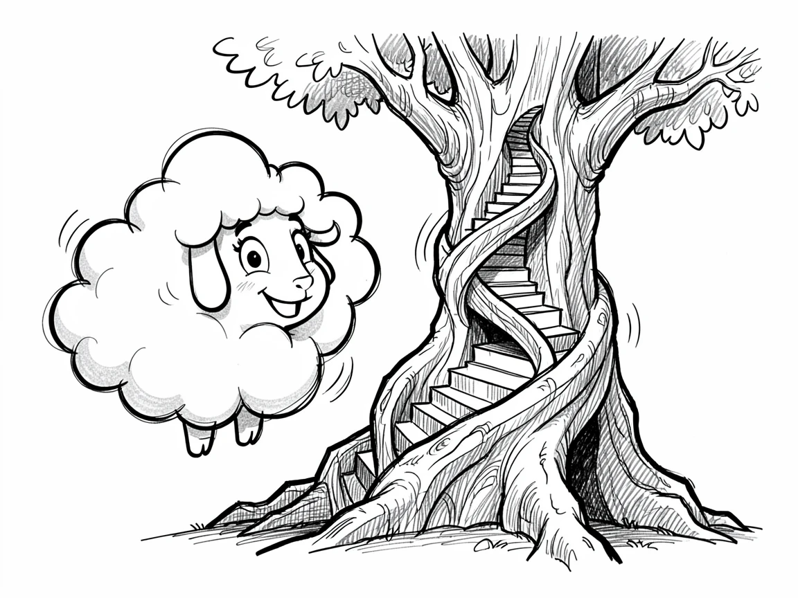 A cloud creature shaped like a sheep beside a spiral staircase carved into a tree.