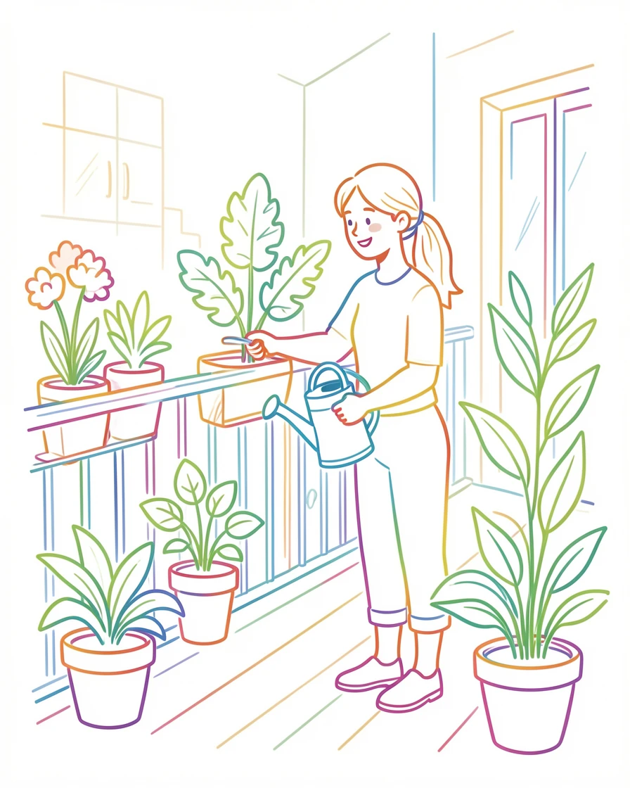 A person watering houseplants on a sunny apartment balcony.