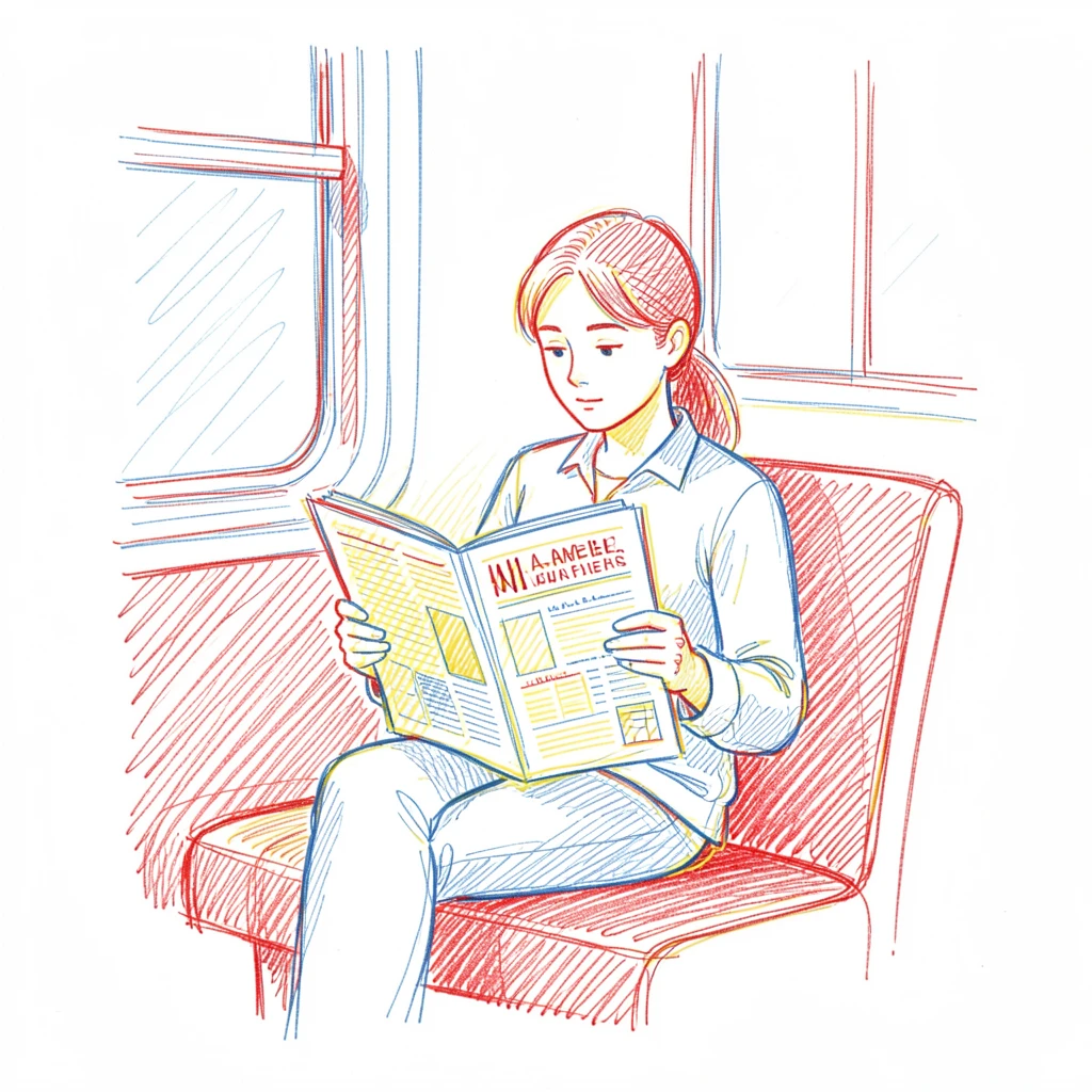 A commuter reading a newspaper on a quiet morning train