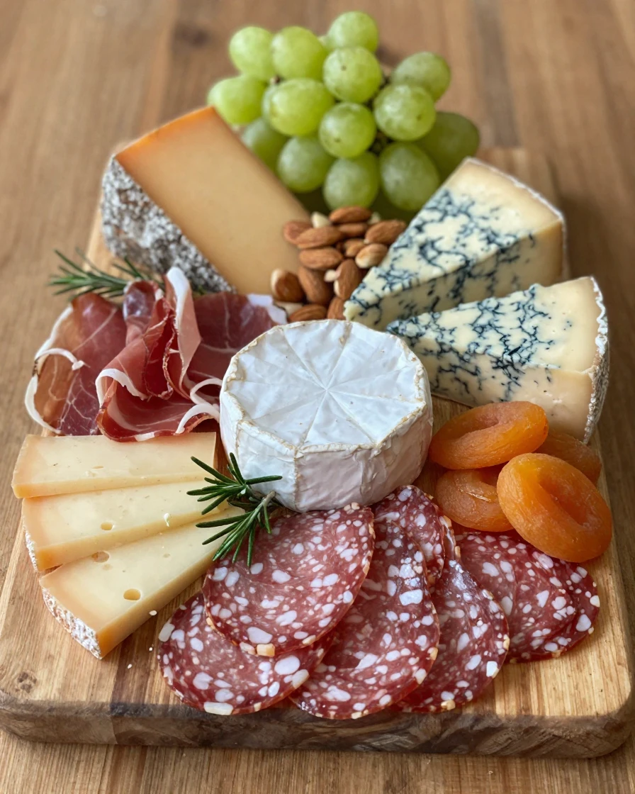 A charcuterie board with cured meats and artisan cheeses