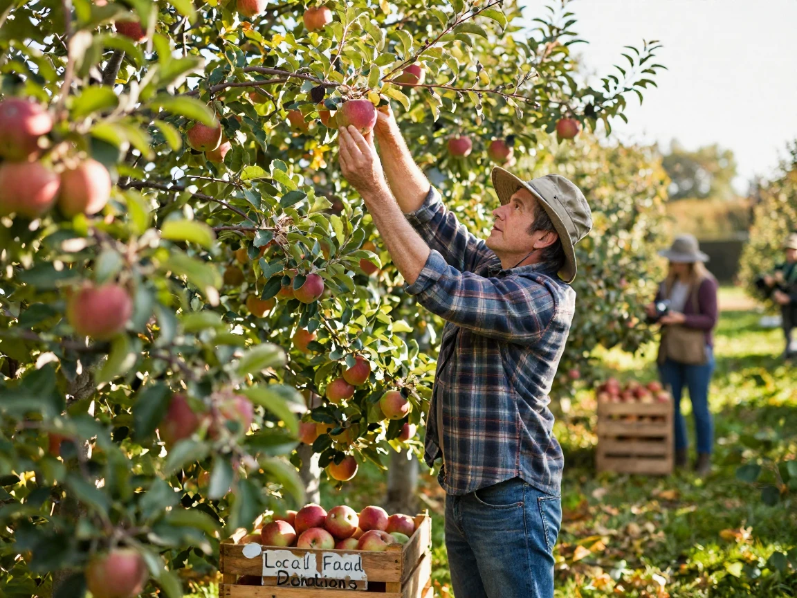 A community orchard volunteer picks apples for a local food bank.