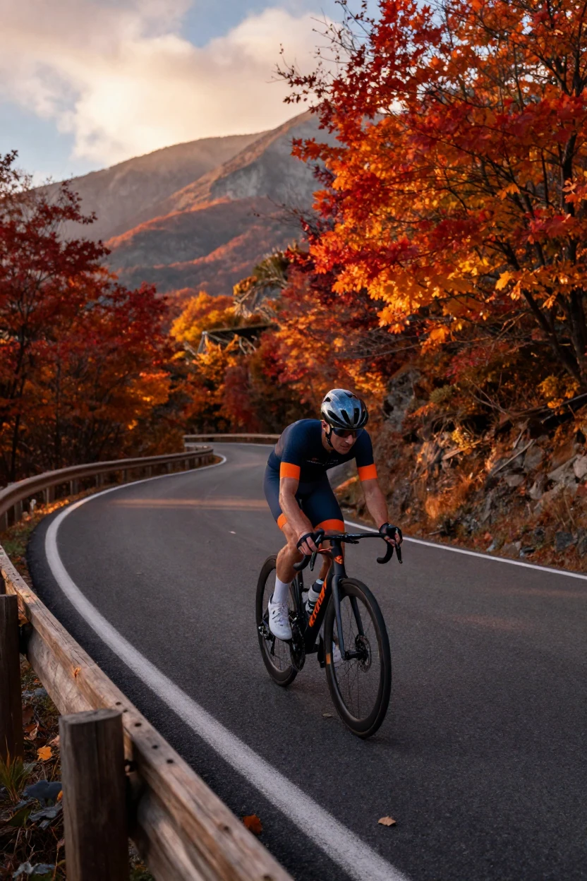 A cyclist racing down a winding mountain road lined with autumn trees