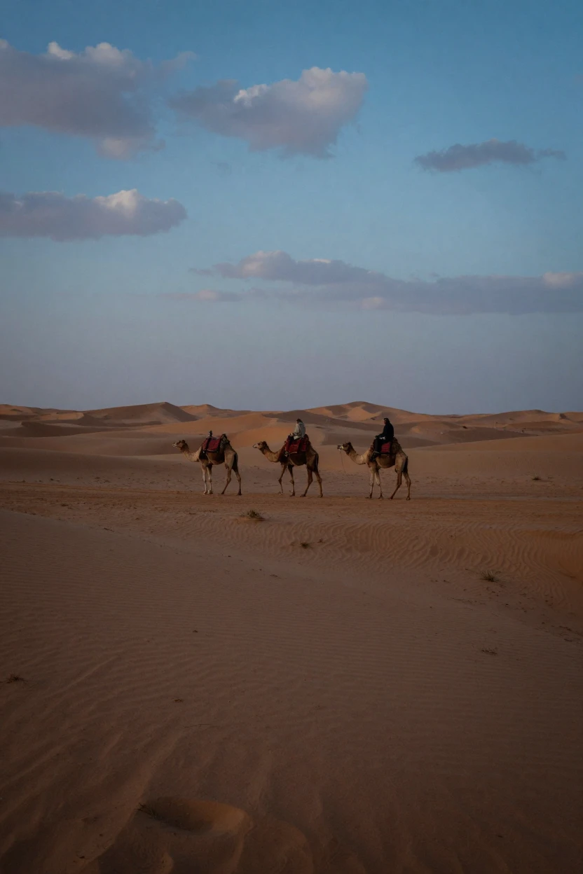 A lone camel caravan crossing a vast golden desert, in cool blue twilight, under scattered clouds, in the depths of winter, dominated by warm amber and rust tones, from a wide establishing view.