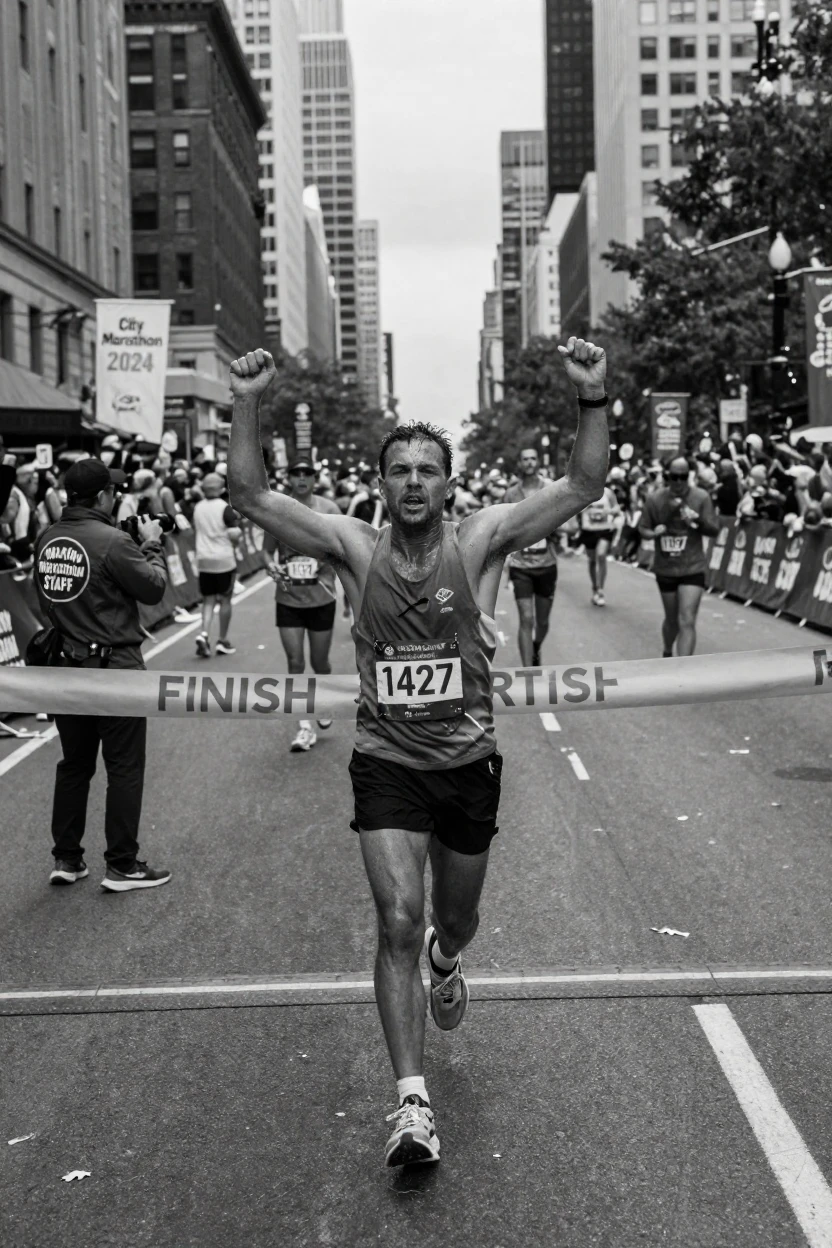 A marathon runner crosses the finish line with arms raised at a crowded city marathon.