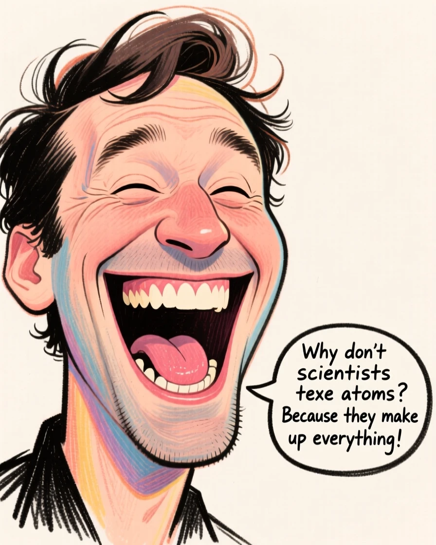 A man mid-laugh at his own pun that nobody else finds funny.
