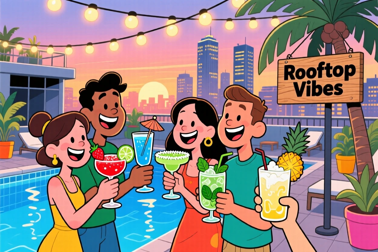 An aspirational lifestyle scene of a group of friends toasting cocktails at a rooftop pool party under string lights.