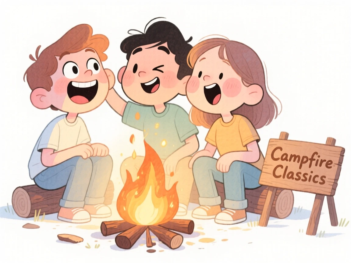 A trio of college friends singing together around a campfire