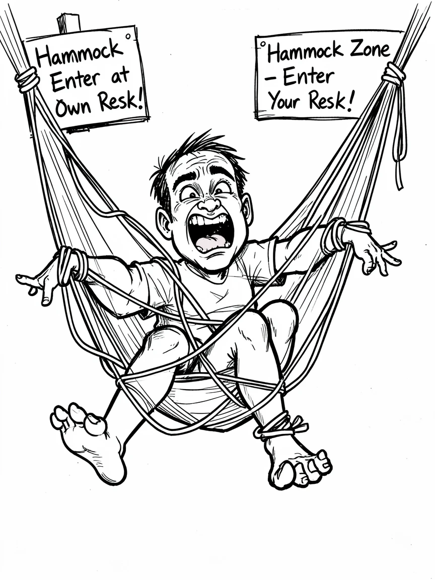 [Funny & Exaggerated Situations] Comical scene of a person hilariously tangled in a hammock trying to get out, exaggerated for maximum laughs