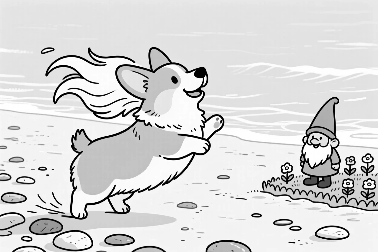 A tiny corgi with impossibly short legs, rearing up with mane flying in slow motion, set on an icy pebble beach. A garden gnome watches from the flower bed. It feels like the kind of photo that instantly earns a smile.