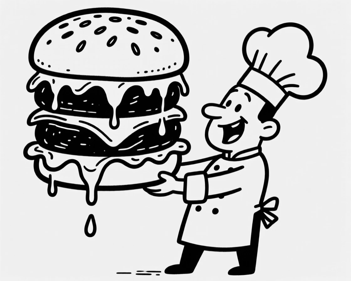 A chef presenting an enormous towering burger dripping with cheese and sauce.