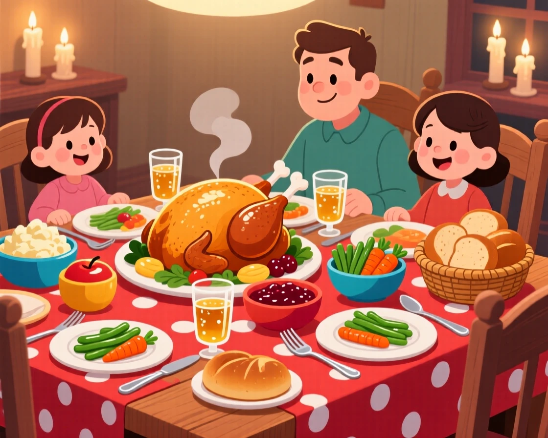 A table set with a traditional family dinner and warm bread.